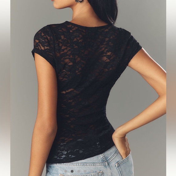 Anthropologie Crewneck Short-Sleeve Top Black Lace Tee NEW Small - Picture 2 of 15